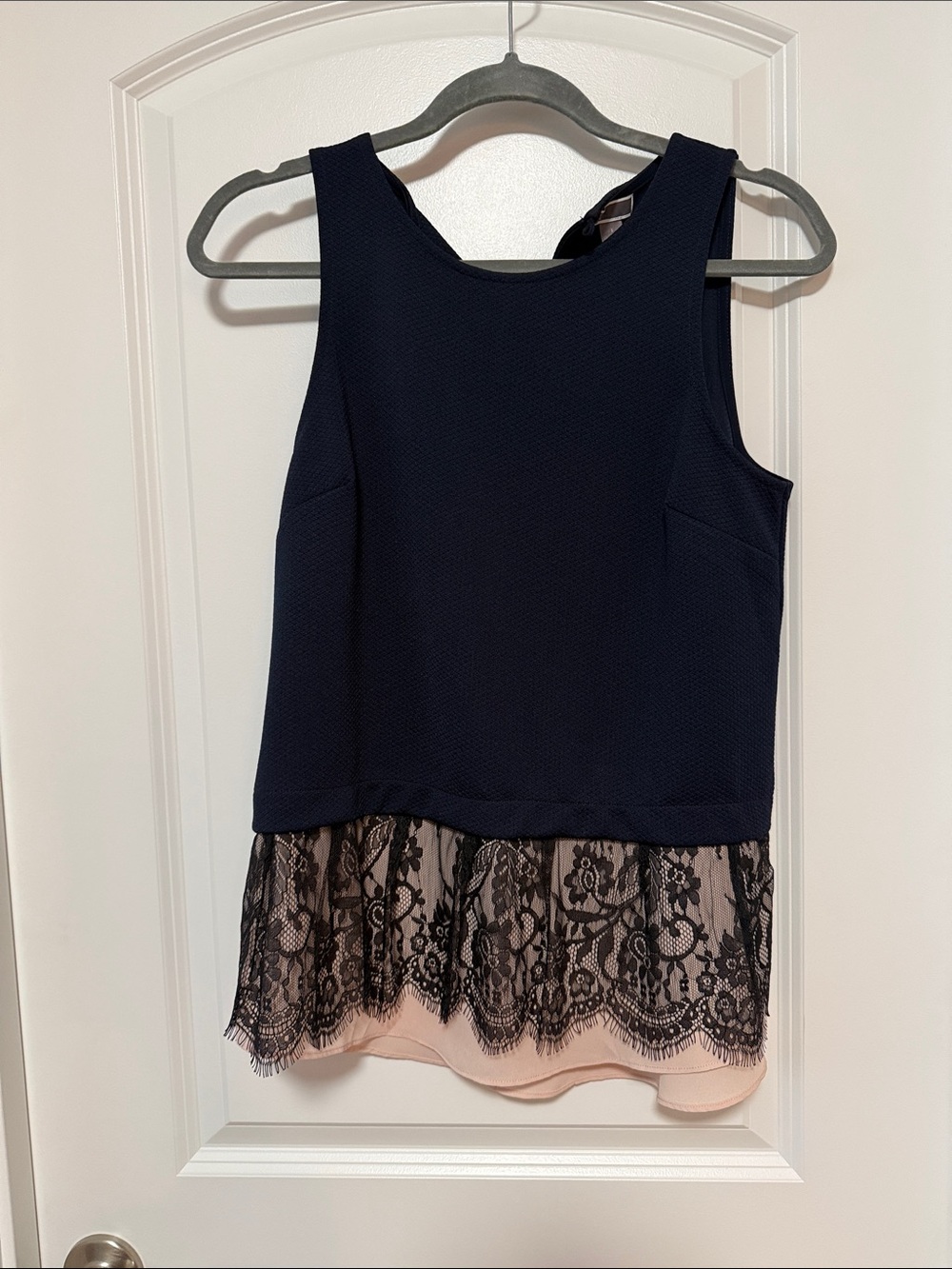 Chelsea28 Navy Sleeveless Top with Blush Underlayer and Black Lace Hem